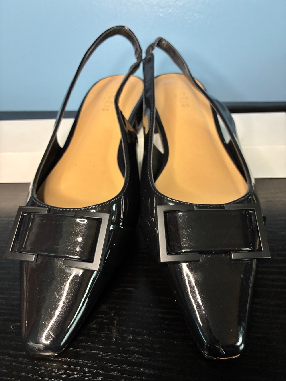 Torgeis Black Patent Pointed Slingback Mules with Buckle